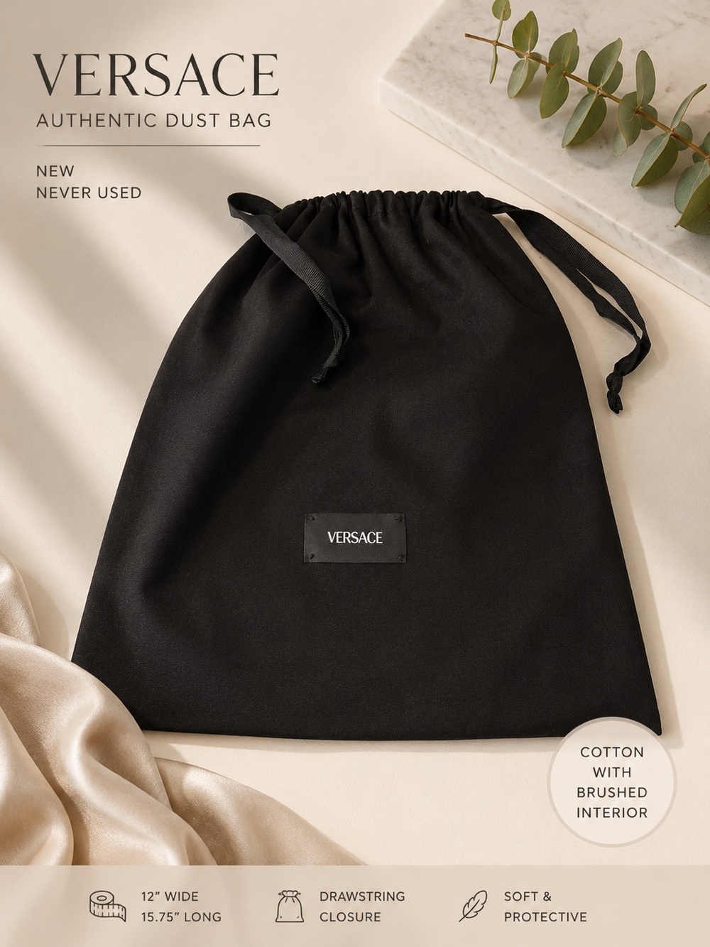 Authentic Versace Black Dust Bag Drawstring Cotton Storage Bag New